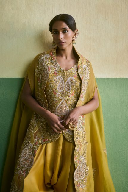 Lemon Yellow Brocade Cape Set