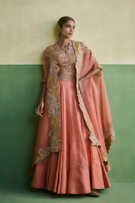 Peach Embroidered Cape Set