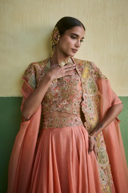 Peach Embroidered Cape Set