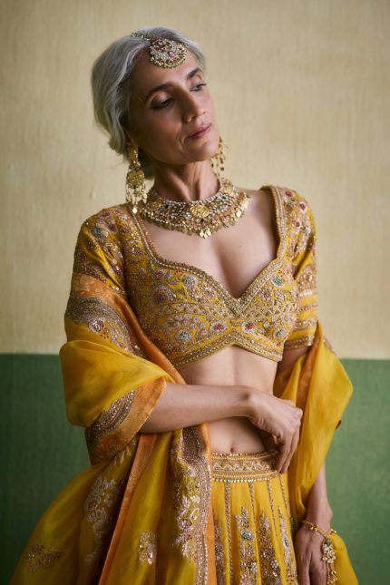 Yellow Booti  Brocade Lehenga Set