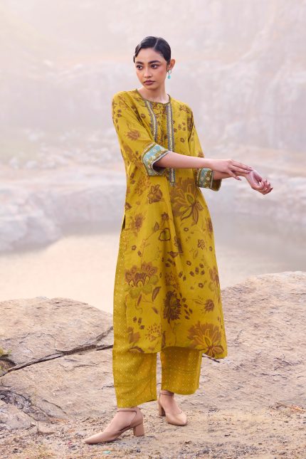 Mustard Hand woven Silk Tunic Set