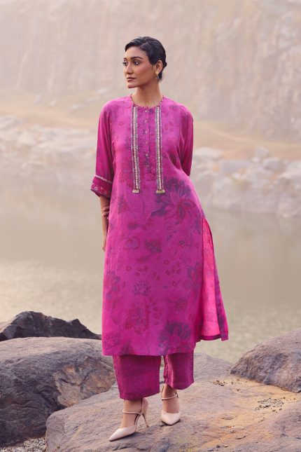 Magenta  Hand woven Printed Tunic Set