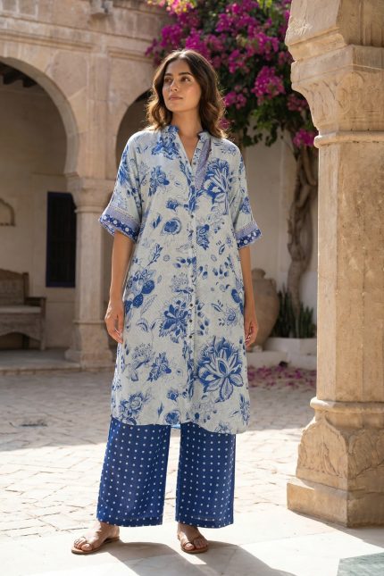 Ivory Hand woven Printed Mulberry Silk A-line Set