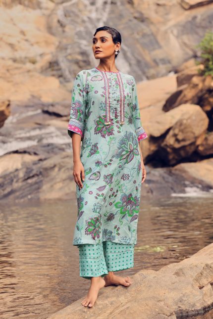 Pale Blue Hand woven Printed Tunic Set