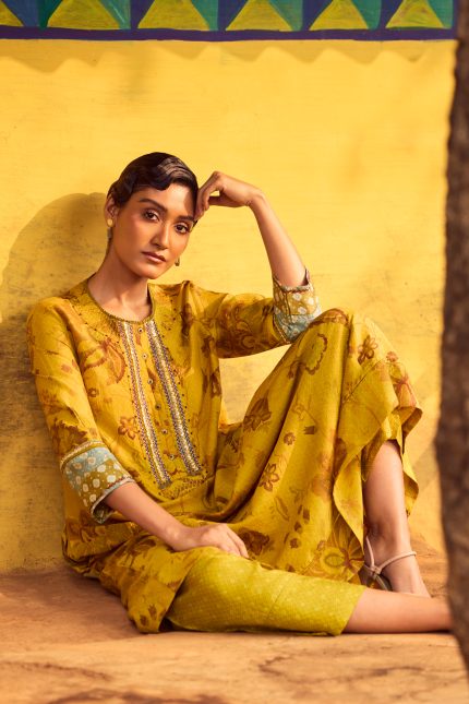 Mustard Hand woven Printed Tunic Set