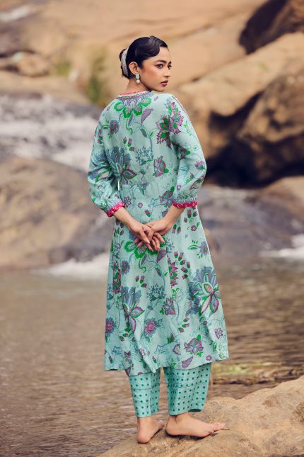 Pale Blue Hand woven Printed Mulberry Silk Tunic Set