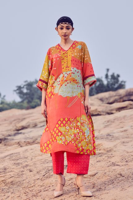 Mustard and Tomato Red Hand woven Printed Tunic Set
