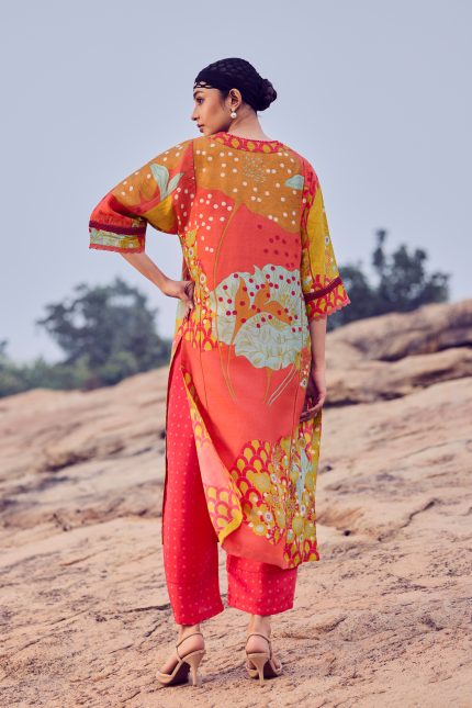 Mustard and Tomato Red Hand woven Printed Tunic Set