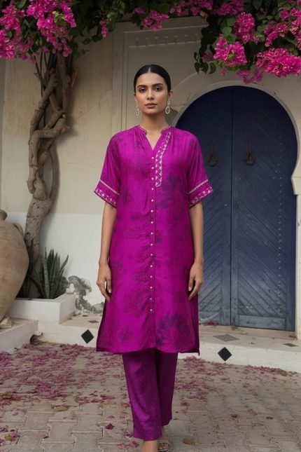 Magenta Hand woven Printd Tunic Set