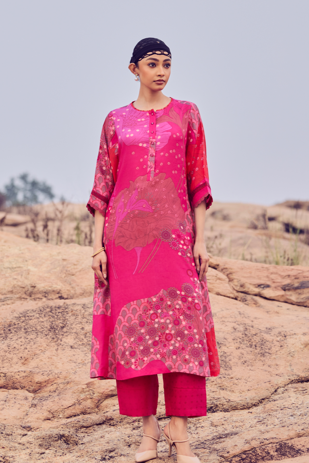 Hot Pink Hand woven Printed Mulberry Silk Tunic Set 1 Hot Pink Hand woven Printed Mulberry Silk Tunic Set