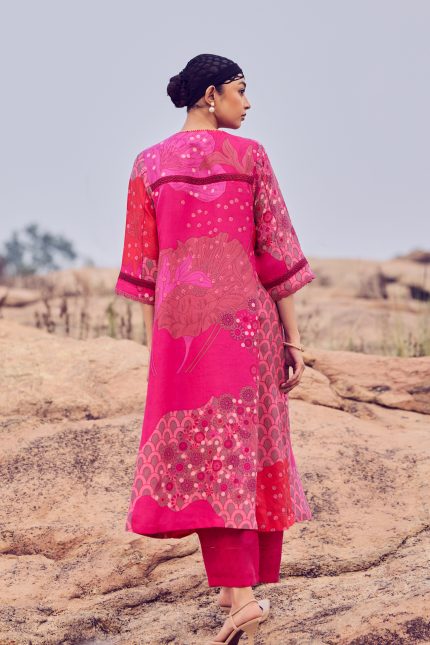 Hot Pink Hand woven Printed Mulberry Silk Tunic Set