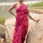 Hot Pink Hand woven Printed Mulberry Silk Saree Set