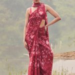 Burgandy Hand woven Printed Mulberry Silk Saree Set