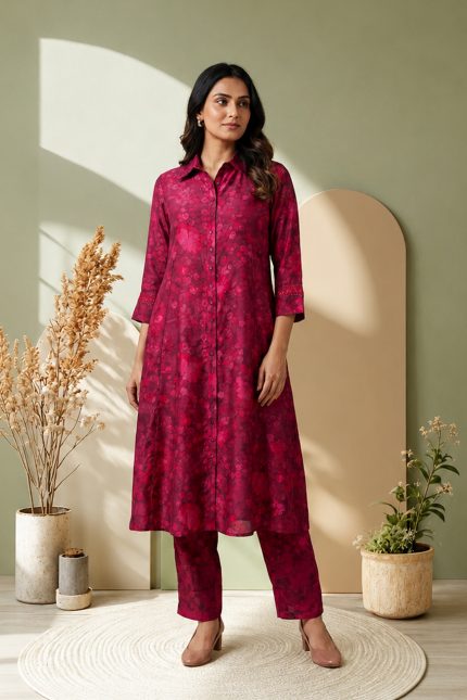 Maroon Hand woven Printed Mulberry Silk Tunic Set