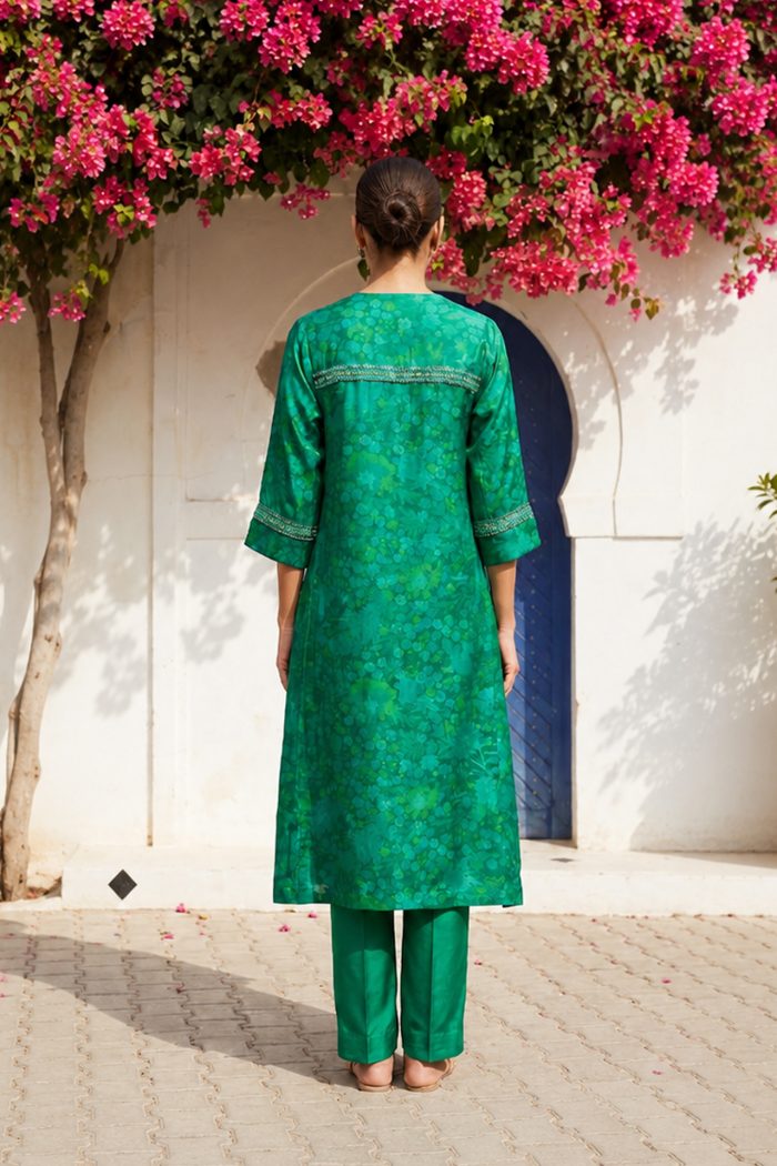 Green Hand woven Printed Mulberry Silk A-line Tunic Set