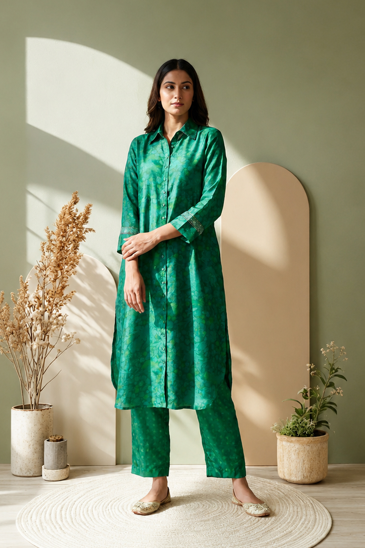 Green Hand woven Floral Printd Tunic Set 1 Green Hand woven Floral Printd Tunic Set