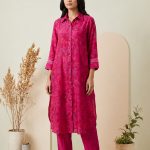 Hot Pink Hand woven Floral Printd Tunic Set