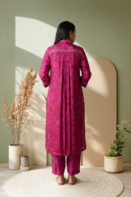 Hot Pink Hand woven Floral Printd Tunic Set