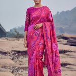 Hot Pink Hand woven Printed Mulberry Silk Saree Set