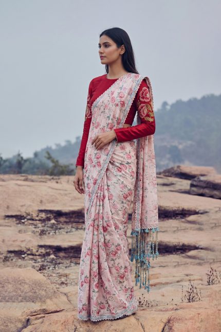 Pale Peach Hand woven Printed Mulberry Silk Saree Set