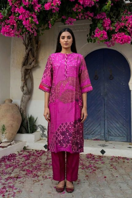 Hot Pink Hand woven Printed Mulberry Silk Tunic Set