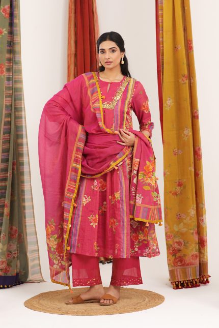 Pink Kalidar Floral Kurta Set