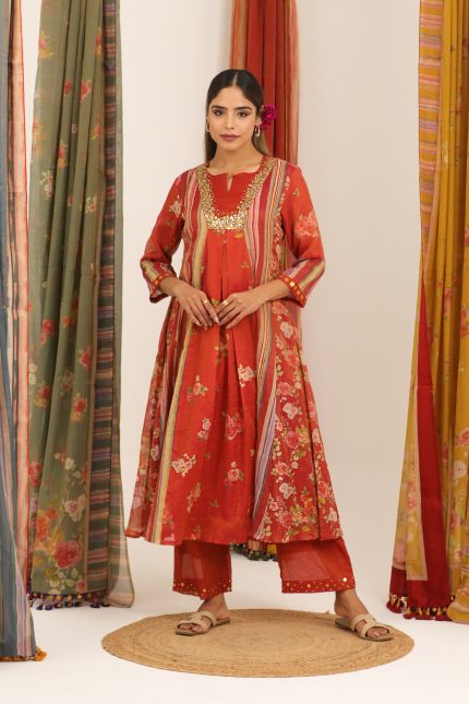 Rust Red Kalidar Floral Kurta Set