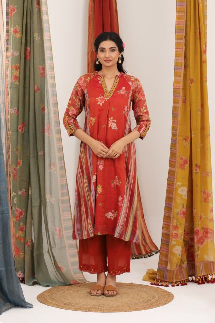Rust Red Reglan Floral Tunic Set