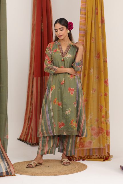 Sage Green Reglan Floral Tunic Set