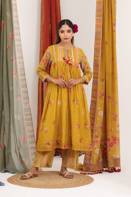 Mustard Yellow Floral Gathers Tunic Set
