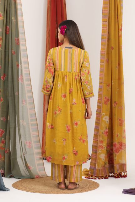 Mustard Yellow Floral Gathers Tunic Set