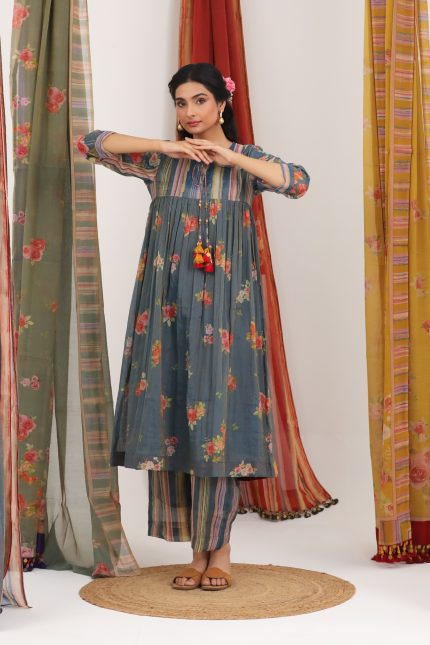Navy Blue Floral Gathers Tunic Set