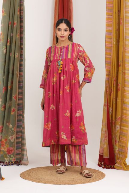Pink Floral Gathers Tunic Set