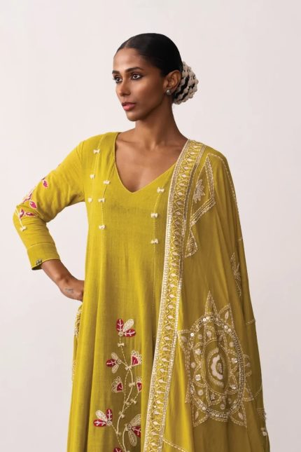 Parrot green V-neck thread embroidered panel dress