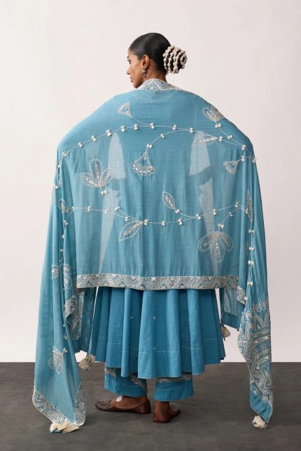 Sky blue white thread embroidered Dupatta