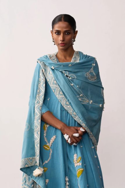 Sky blue white thread embroidered Anarkali with pant