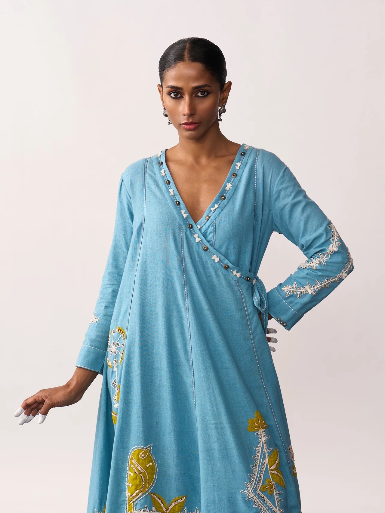707022830_18393359875080518_1583238028349236619_n Sky blue V-neck Thread embroidered Angrakha Anarkali with pant - Image 1