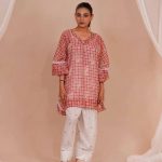 Red checks gathered yoke kurta & pants