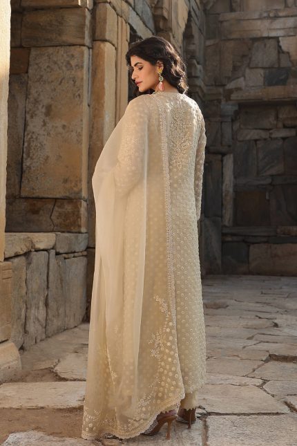Beige Butti Close Neck Kurta Set