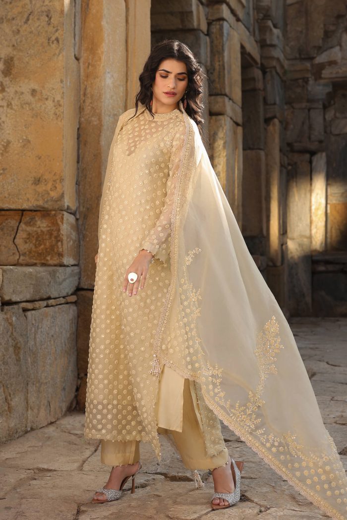 Beige Butti Close Neck Kurta Set