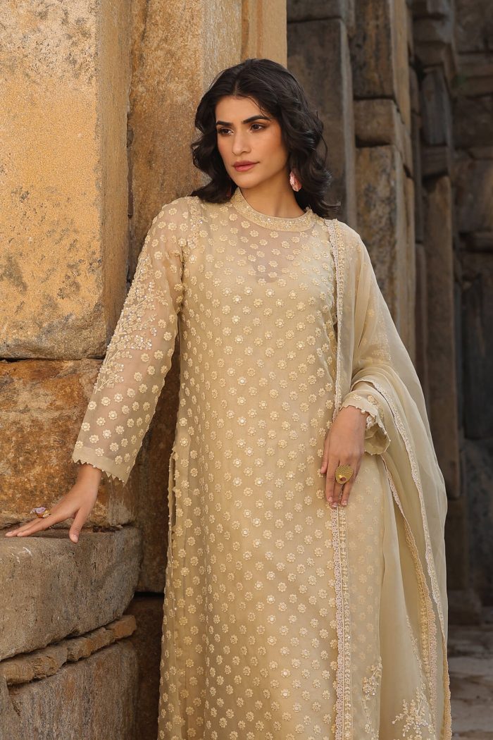 Beige Butti Close Neck Kurta Set