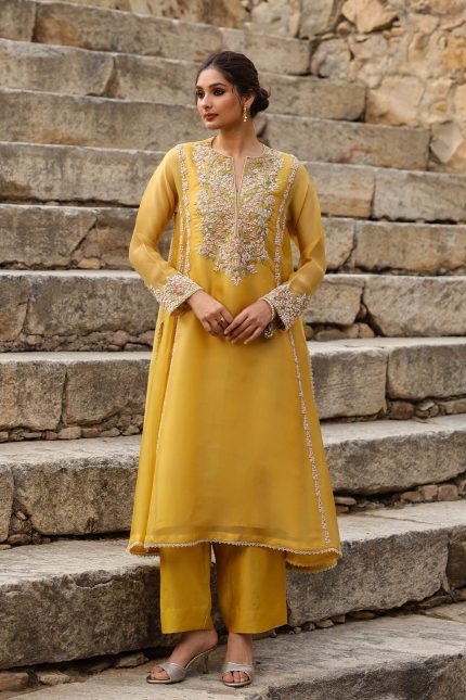 Yellow Heavy Pheran Kurta Set