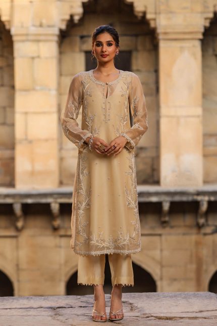 Beige Phool Patti Kurta Set