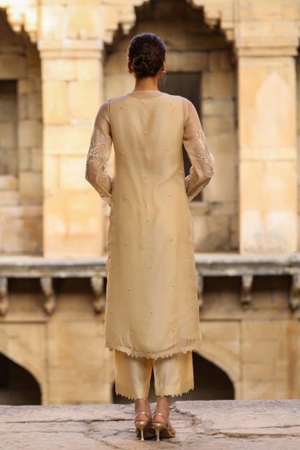 Beige Phool Patti Kurta Set
