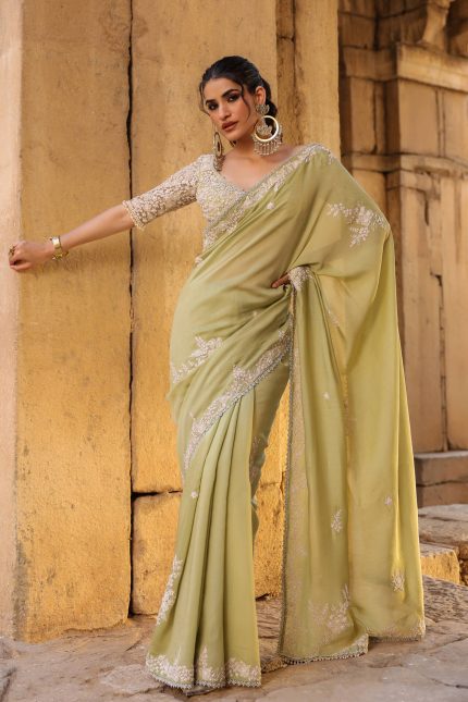 Green Bail Butti Saree Set