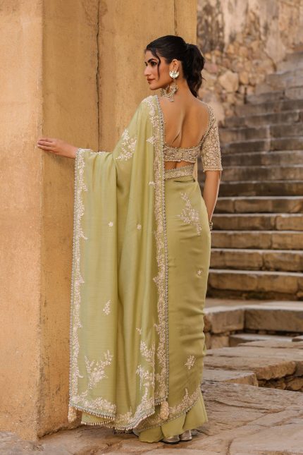 Green Bail Butti Saree Set