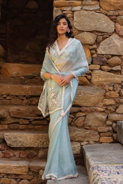 Light Blue Phool Patti Saree Set