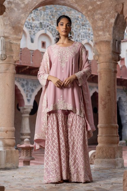 Blush Pink Aari Embroidered Sharara Set