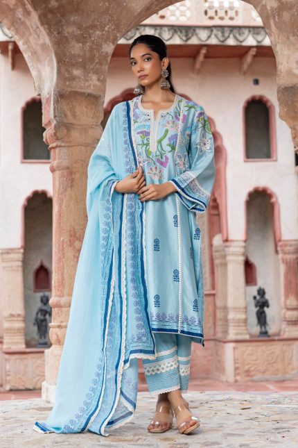 Aqua Blue Block Printed Suit Set