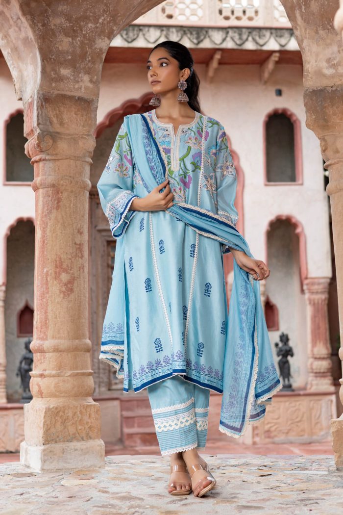 Aqua Blue Block Printed Suit Set